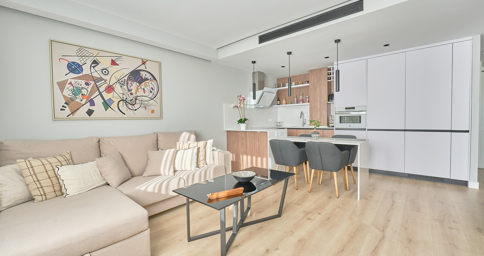 Salón moderno y cocina americana con diseño minimalista.