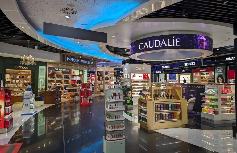 Tienda de perfumes y cosméticos de lujo en aeropuerto.